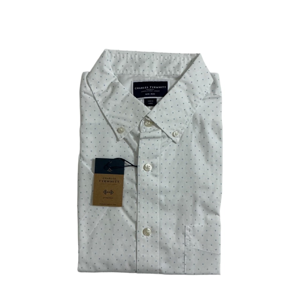 Charles Tyrwhitt Mens L Sky Blue Spot Non-Iron Stretch Slim Fit Short Sleeve Shi